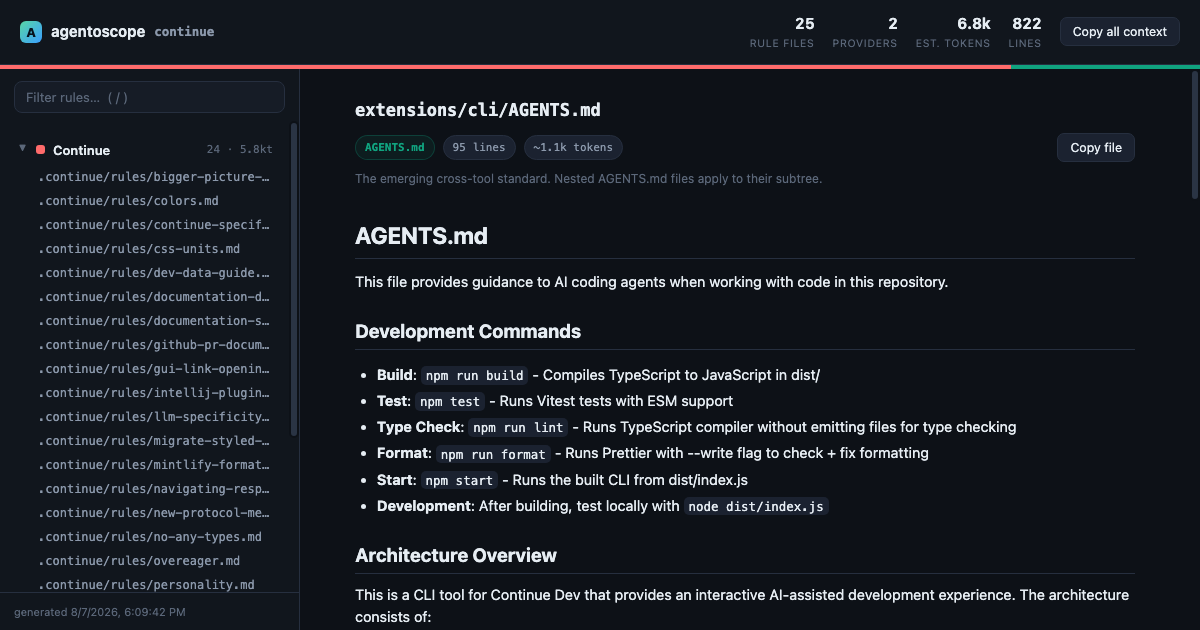 agentoscope dashboard showing agent instruction files grouped by provider